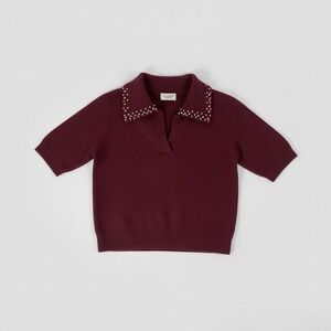 SONG OF STYLE BY AIMEE SONG Beaded Collar Short Sleeve Knit Top Burgundy XS